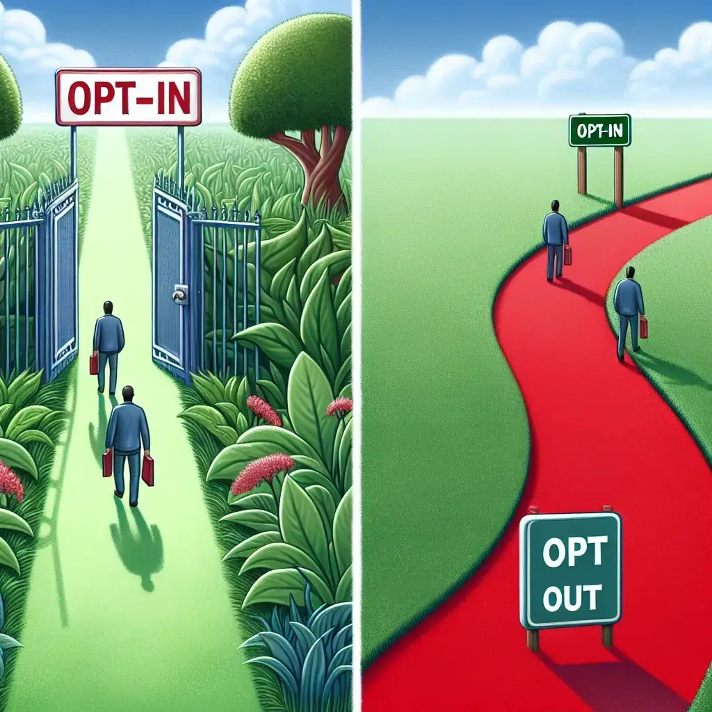 "Ilustrasi penjelasan tentang perbedaan antara model opt-in dan opt-out dalam konteks kepatuhan, menyoroti keuntungan opt-in sebagai jalur yang lebih kuat."